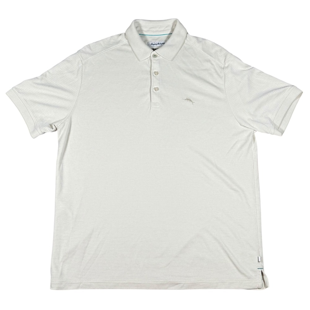 Tommy Bahama Island Zone Mens Polo Shirt Large Beige Stripe Golf Casual - Picture 2 of 7